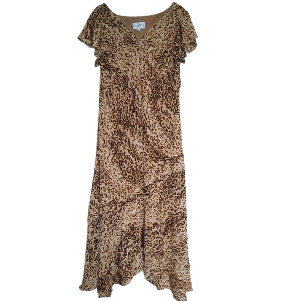 Studio I Vintage Leopard Animal Print Midi Faux Wrap Dress Tiered Ruffle Hem 16